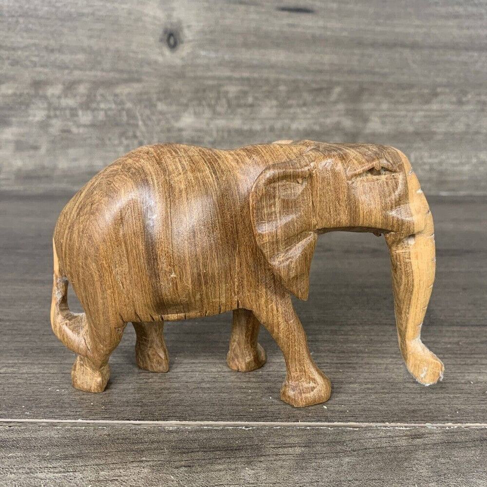 Wood Elephant Sculpture Hand Carved Light Colored Wooden Figurine 3” Tall Decor